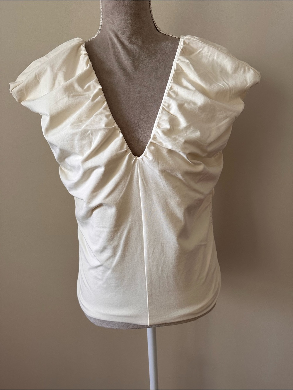 J. Crew Cream V-Neck Ruched Shoulder Top